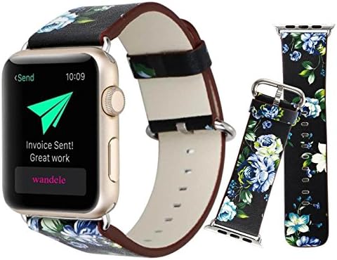 Wandele for Apple Watch Band 38mm S/M Soft PU Leather Flower Prints Bracelet Strap Wrist Bands Belt Replacement With Stainless Adapter for All Models Series 2 Series 1 Nike+ Sport Edition(2# 38mm))