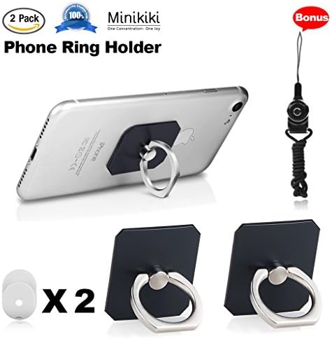 MiniKIKI Phone Finger Holder, 2 Packs Phone Ring Stand Holder, Smartphone Holder, Phone Ring Holder, 360° Rotation Phone Finger Grip, Phone Kickstand, 1 Lanyard As Bonus, for Phone, iPad (Black)