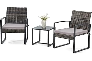 Bezseller 3 Pieces Patio Furniture Set, Outdoor Rattan Bistro Set with Coffee Table, Durable Steel Frame with Strapped Cushions for Garden, Balcony, Poolside, Backyard