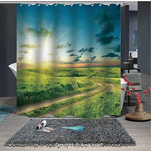 YOLIYANA Waterproof Polyester Printing Lightweight Shower Curtains Vivid Summer Lanscape with a Dramatic Rural Road and Sky Print Deco Home with 12 Free Hooks