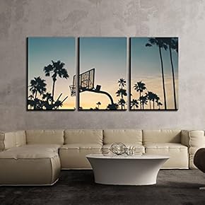 3 Piece Canvas Wall Art - Basketball Stands and Palm Trees Under The Sunset - Modern Home Art Stretched and Framed Ready to Hang - 16"x24"x3 Panels