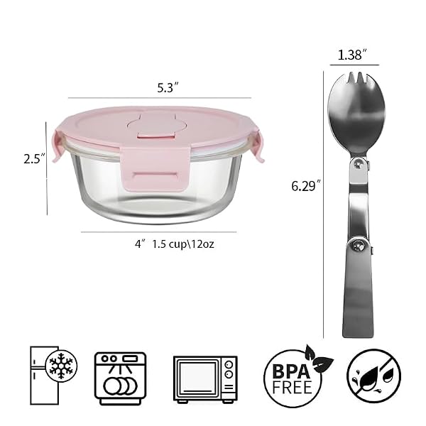 B.GUBOBOYA 1.5 CUP ROUND GLASS FOOD CONTAINERS WITH LIDS AND FOLDING SPOON, ROUND SMALL FOOD CONTAINERS WITH LIDS, 12OZ GLASS LUNCH BOWLS FOR OFFICE MEALS, MICROWAVE, FREEZER, DISHWASHER SAFE (4 PACK)