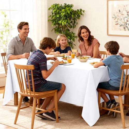 Dailyset 10-Pack White Tablecloths for Rectangle Tables, 60 x 102 Inches, Stain-Resistant Polyester Fabric for 6 Foot Tables - Washable Table Covers for Weddings, Banquets, Birthday, Parties, Events