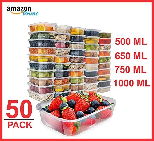 50 X Clear Plastic Takeaway Food Containers with Lids Microwave and Freezer Safe, 4 Sizes Available 500ml, 650ml, 750ml and 1000ml Ideal for Food Storage (650ML)