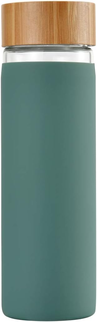 YIXUN BPA-Free Borosilicate Glass Water Bottle with Protective Silicone Sleeve and Bamboo Lid - Dishwasher Safe 20oz