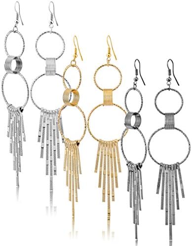 Fashion Costume Jewelry Dangle Drop Earrings Set For Women Teen Silver Gold And Black Tones (GL2: Long Dangle 3 Pairs)