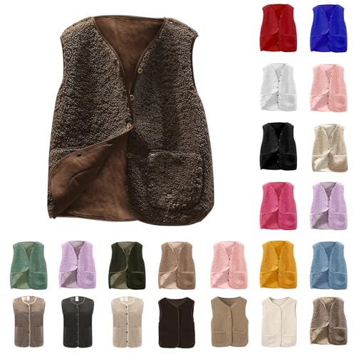 Teddy Fleece Gilet for Women Sleeveless V-neck Button Down Vest Sherpa Fluffy Solid Lightweight Waistcoat Cozy Autumn Winter Jackets with Pockets Ladies Bodywarmers Outwear Running Walking Black XL