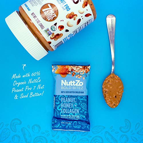 NuttZo Bold BiteZ - Peanut, Honey + Collagen Seven Nut & Seed Butter Protein Snack Bars, 1.41 Ounce (Box of 12)