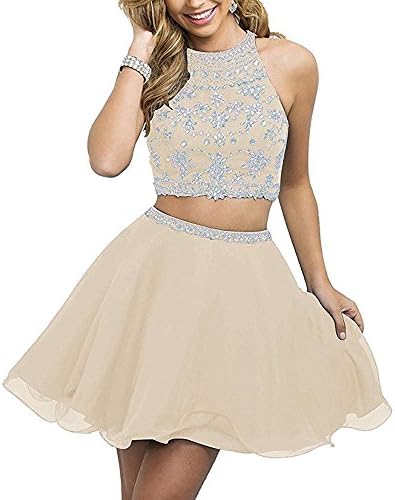 HEAR Women's Two Pieces Chiffon Homecoming Dresses Halter Beaded Rhinestone Short Prom Gown Open Back WWW666