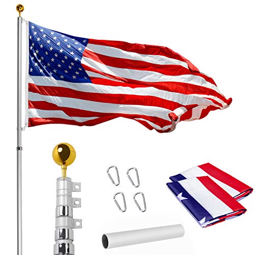 WeValor 25FT Telescoping Flag Pole Kit, Heavy Duty 16 Gauge Aluminum Outdoor In Ground Flag Poles with 3x5 USA Flag, for Residential or Commercial, Silver