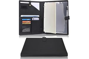 Wonderpool A4 PU Leather Portfolio Holder Ring File Document Case with Removable Binder Clipboard, Multi Pocket and Legal Pad for Business Organizer Interview and Meeting (Black)