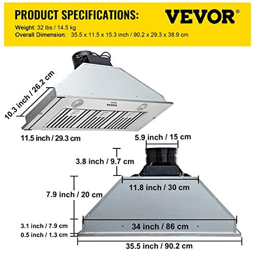 VEVOR Insert Range Hood, 800CFM 3Speed, 36 Inch Stainless Steel Built