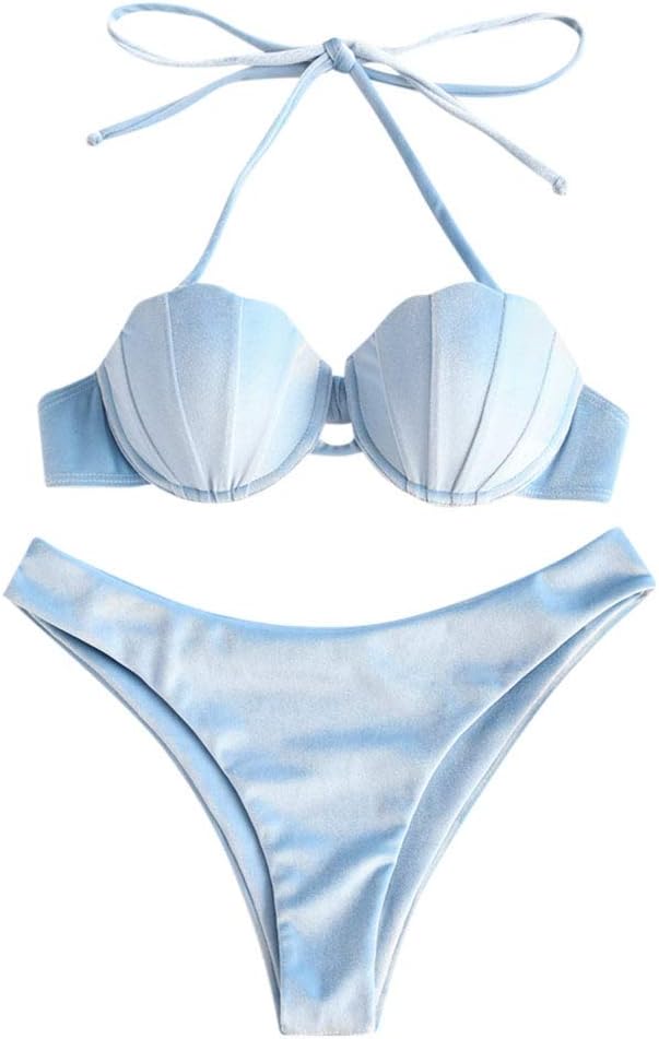 ZAFUL Women's Velvet Shell Halter Seashell Bikini Set Mermaid Swimsuit