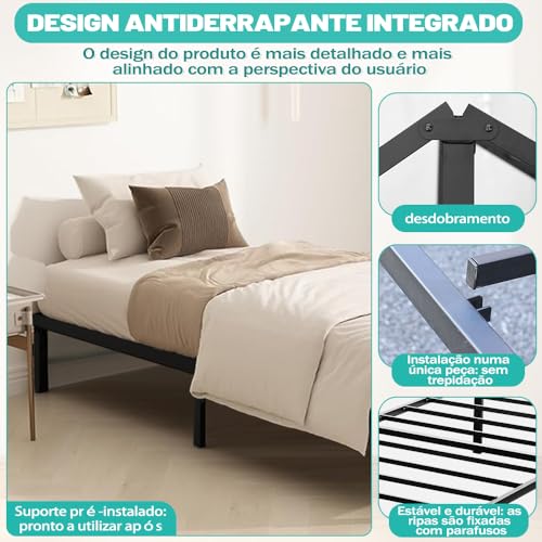 190 * 95 * 36 Cm Base Cama Solteiro, Cama de Solteiro de Metal, Com Suportes de Ripas, Grande Espaço Embaixo da Cama (Solteiro)