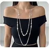 Long Pearl Chain Pendant Necklaces for Women Layered Gold Pearls Statement Collar Necklaces Dainty Beaded Sweater Drop Necklace Jewelry Accessories