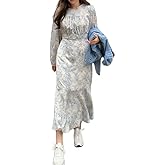 Boho Floral Long Sleeve Maxi Dress for Women, V Neck Button Wrap Spring Beach Dress Flowy Cocktail Pink Yellow