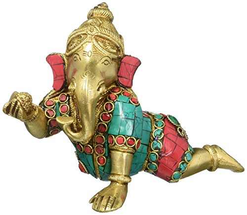 Aone India Crawling Baby Ganesh Statue Hindu Success Lord Baby Ganesha Brass Turquoise Handmade Sculpture Idol Art + Cash Envelope (Pack of 10)