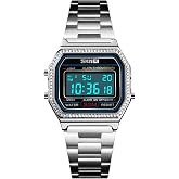 Gosasa Classic Unisex Women's Men's Digital Multifunction Stainless Steel Band Square Waterproof Watch (Silver)