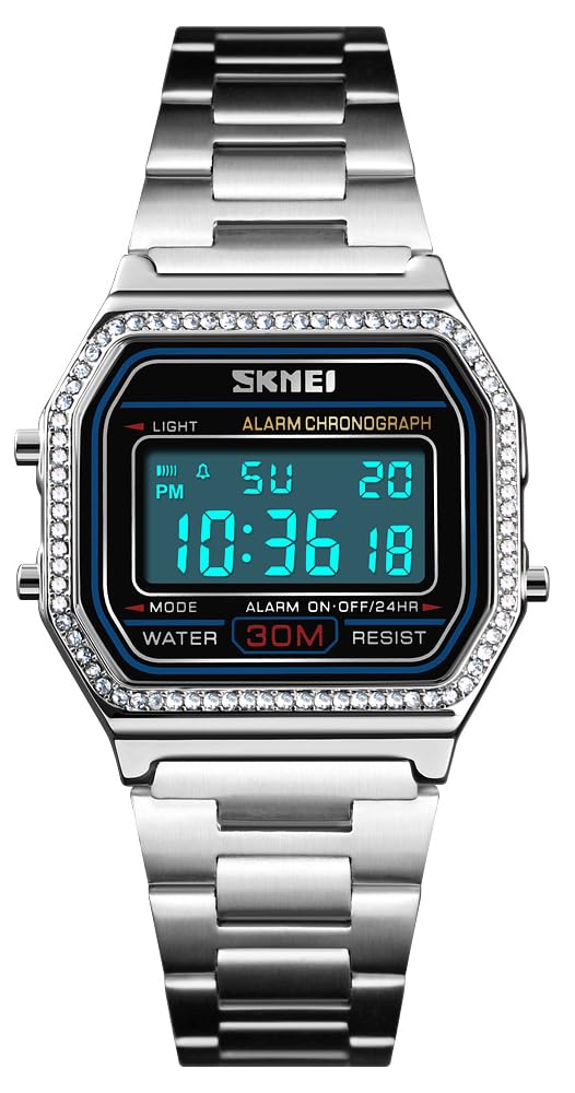 Gosasa Classic Unisex Women's Men's Digital Multifunction Stainless Steel Band Square Waterproof Watch (Silver) — image 1