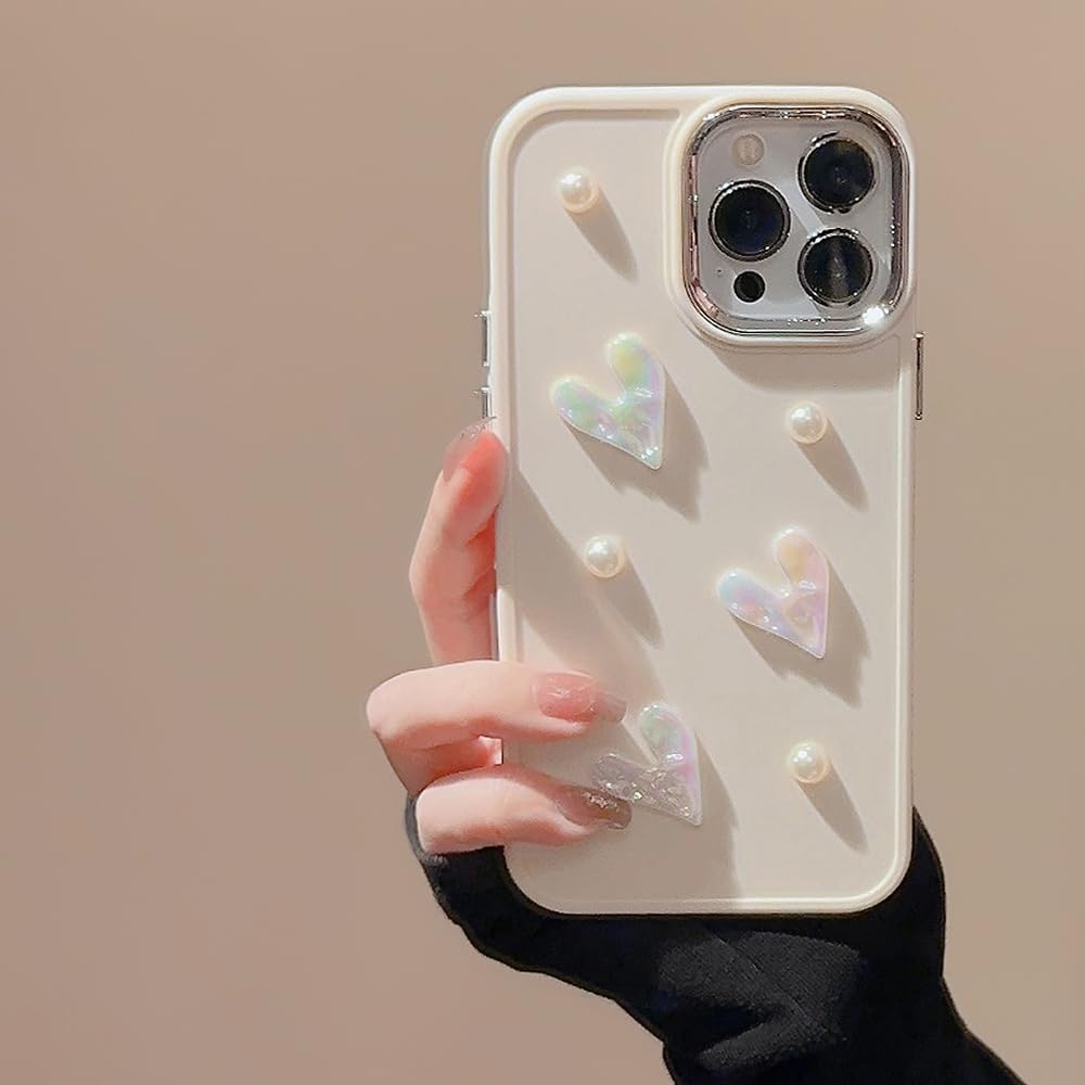 LSOUGUK Compatible with iPhone 12/12 Pro Case for Girls Women,Cute 3D Love Heart Pearl Design Protection Case Fashion Slim Soft TPU Shockproof Protective Cover for iPhone 12/12 Pro-Creamy White — image 1