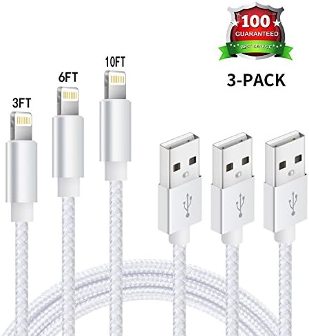 iPhone Charger,Manyi 3PACK 3FT 6Ft 10FT Nylon Braided Charging Cable Cord Lightning to USB Cable Charger for iPhone X / 8 / 7 / 6 / 6s / plus / 5c / 5s / SE, iPod, iPad, IOS11 and More( Silver )