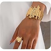 Mexegy Chunky Hammer Pattern Statement Bracelet Ring Set for Women,Fashion Asymmetric Aesthetics Open Joint Ring,Personalized Birthday Anniversary Jewelry Gift