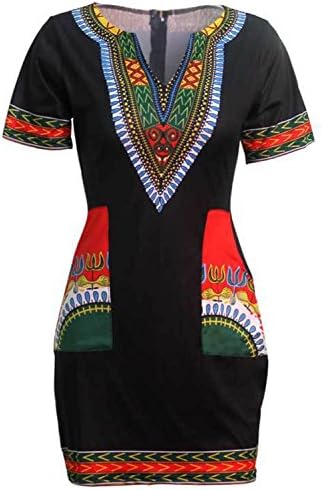 Pretid Traditional Women Dashiki Sexy African Print V-neck Bodycon Stretch Dress