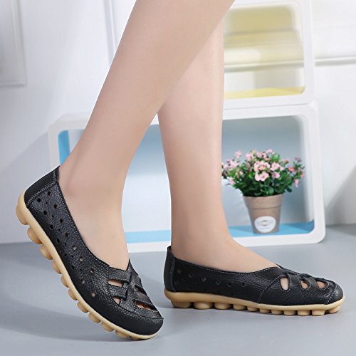 Women's Soft Flat Shoes,Breathable Walking Leather Loafers Round Toe Driving Shoes Slip On Sneakers Office Work Shoes (Black, US:7)