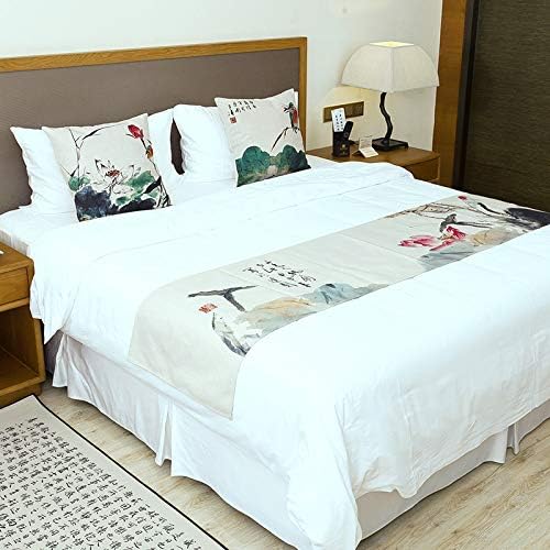 Bed Runner Bed Scarf Tea Cloth Zen Bed Flag Bed Scarf Chinese National Wind Cotton and Linen Tea Tablecloth Guqin Tea Tablecloth Table Flag, Light Color Cotton Bed Towel, 240X43cm (1.8m Bed)
