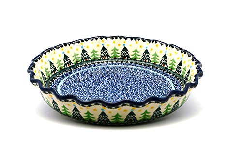 Click Here to See More Images Polish Pottery Baker - Pie Dish - Fluted - Christmas Trees