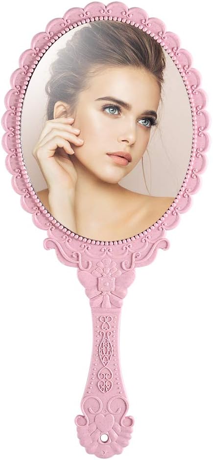 Tinland Hand Mirror with Handle Vintage Handheld Mirror Personal Vanity Makeup Compact Beauty Salon Mirror 9.8x4.5in(Pink): Home & Kitchen