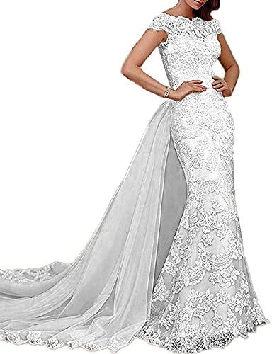 Alanre Women's Lace Mermaid Cap Sleeves Bride Wedding Dress with Detachable Train Ivory 12
