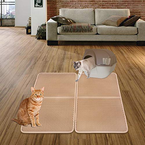 lesotc Cat Litter Mats Extra Large, Large Cat Litter Mat Litter Trapping, Jumbo Cat Litter Mats for Litter Box, Double-Layer, Waterproof, PU Leather Edge,(34" X 30", Beige)