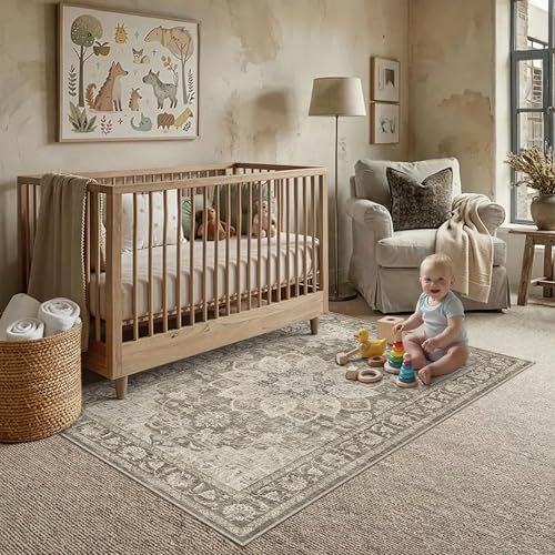 PureCozy Braun Teppich Wohnzimmer 140x200cm Vintage Wohnzimmerteppich Waschbarer rutschfest Weich Groß Carpet Teppiche Schlafzimmer Esszimmer Büro Kur