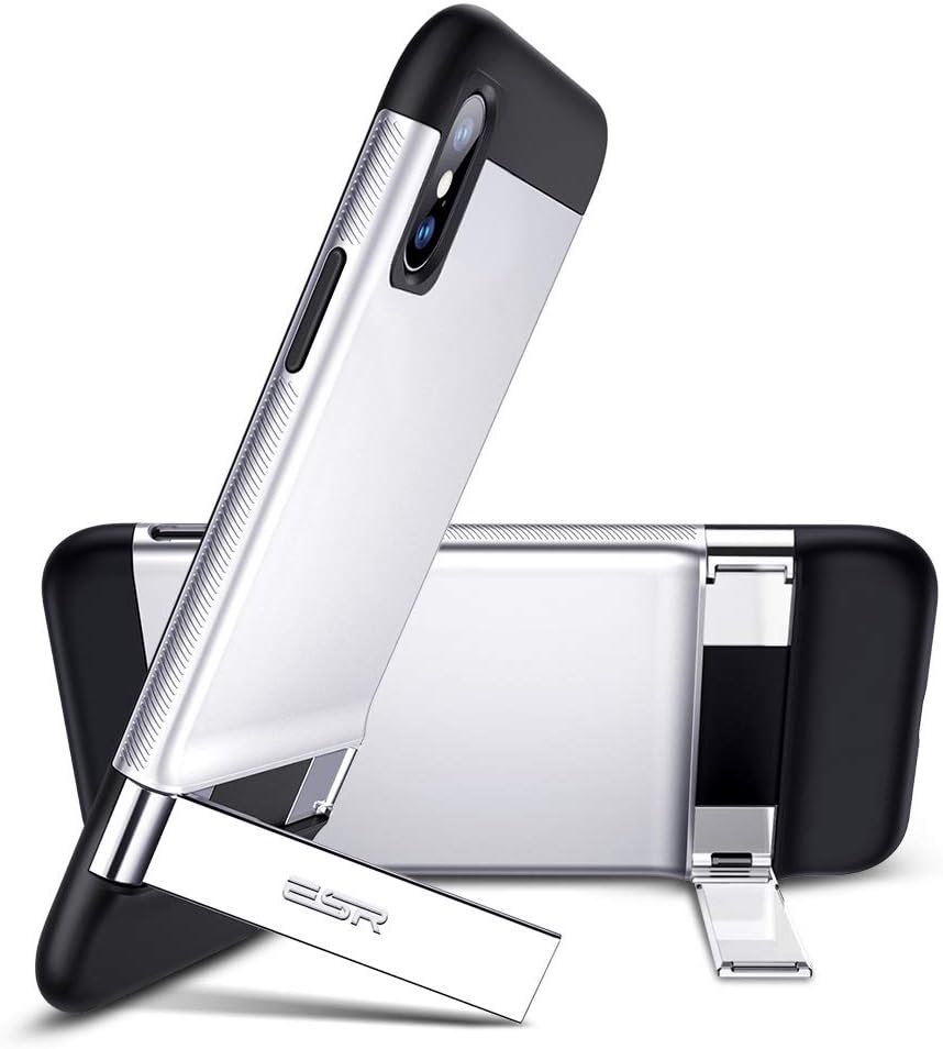 ESR iPhone XS/iPhone X Case, Metal Kickstand Case [Vertical and Horizontal Stand] [Reinforced Drop Protection] Hard PC Back with Flexible TPU Bumper for 5.8" iPhone XS/X(Silver)