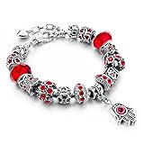 Long Way Handmade Silver Plated Snake Chain Glass Crystal Beads Evil Eye Hamsa Hand Charm Beaded Bracelet