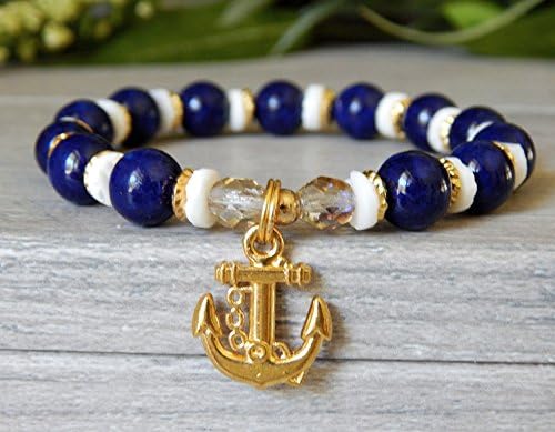 Anchor Beaded Bracelet Nautical Blue White ShellBeach Ocean Inspired Charm Navy Boating