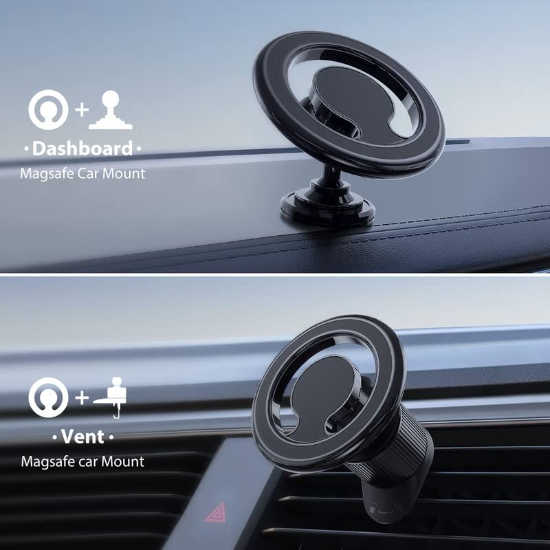 Tiafife for Magsafe Car Mount - 2 in 1 Magnetic Phone Holder for Car - 1s Put and Take - 48 Super Magnet + Super 3m Adhesive - Fit for Vent Dashboard and Compatible with All Smart Phones Black-24