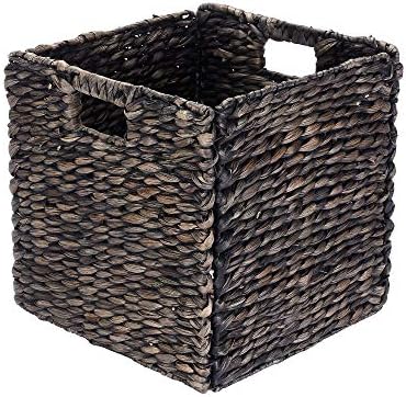 Villacera 12-Inch Square Handmade Wicker Storage Bin, Foldable Baskets made of Water Hyacinth in Black | Set of 2