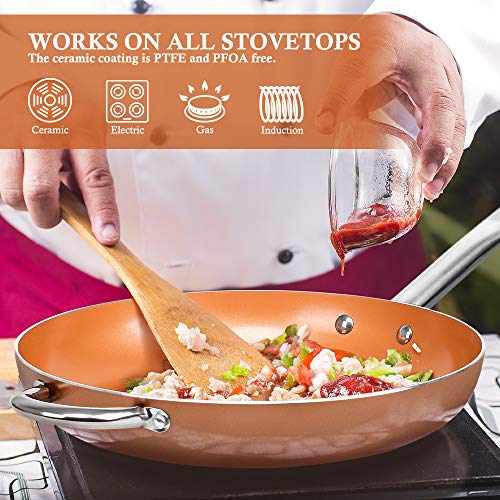 SHINEURI 12 inch Nonstick Copper Frying Pan Deep Skillet Pan with Stainless Steel Handle, Round Saute Pan for Broiling Steaming and Braising, Dishwasher Safe PFOA PTFE Free