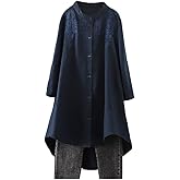 Minibee Women's Cotton Linen Shirt High Low Button Down Embroidered Blouse Long Sleeve Tunic Tops