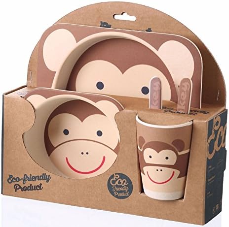 5 Piece Kids Dinnerware Set - Eco-Friendly Bamboo - BPA Free - Monkey Design