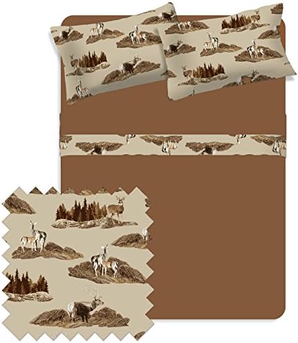 Bed Sheet FULL - FULL Sheets Set, Therapeutic Sheets (greater quality than flannel sheet set) with Printed Animal, Mountain Deers Theme (Caramel &amp; Beige) - FULL