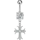 Zynova 14G Surgical Steel Cross Dangle Belly Button Ring for Women Sparkle Cubic Zirconia Rhinestone Paved Belly Navel Curved Barbell Studs Dangling Body Piercing Jewelry