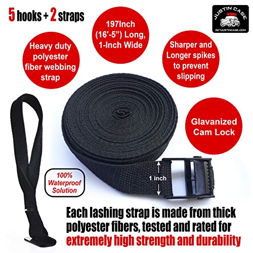 Justin Case Rooftop Cargo Hooks and Tie Down Straps - Ultimate Car Roof Storage System - Sturdy and Safe - Four Stainless Steel Hooks - Two 197-Inch (16'-5") Long, 1-Inch Wide Car Rooftop Straps
