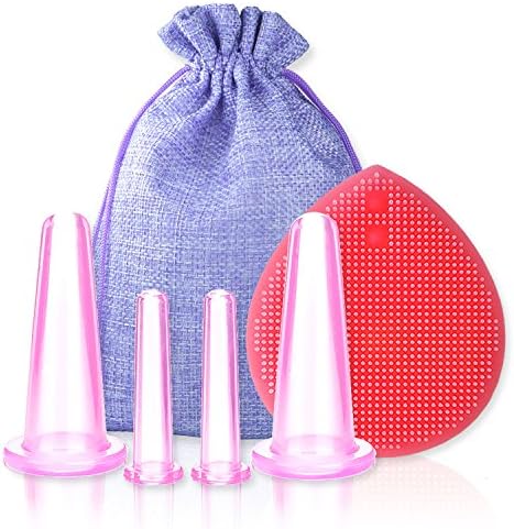 Elmatory Silicone Facial Cupping Therapy Set - Eye and Face Vacuum Massage Cup Kit Anti-Wrinkle and Anti-Aging effect 4 Suction Cups and Exfoliating Brush (4pcs face cup)