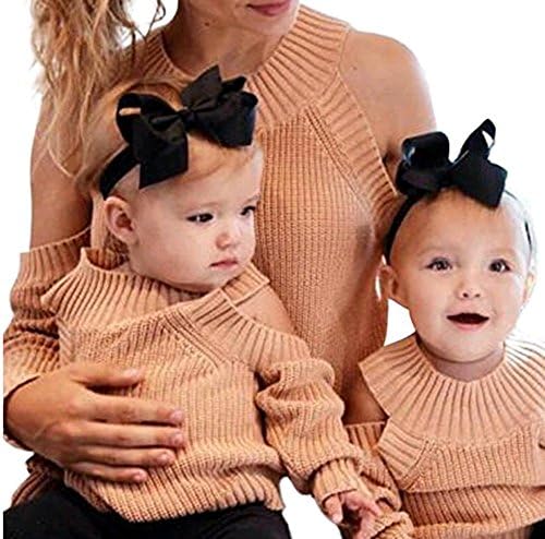 Matching Family Outfits, Mommy and Me Shirts for Women Toddler Girls Cold Winter Off-Shoulder Orange Sweater