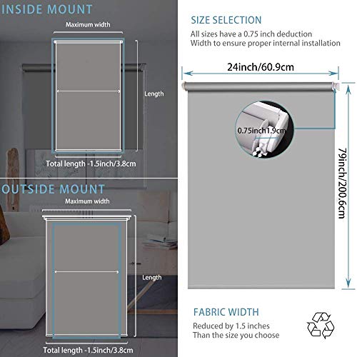 SEEYE 100% Blackout Waterproof Fabric Window Roller Shades Blind, Thermal Insulated,UV Protection,for Bedrooms,Living Room,Bathroom,The Office, Easy to Install 24" W x 79" L(Grey) - Thumbnail 6