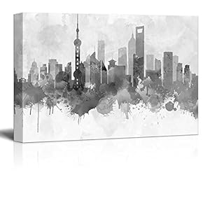 Black and White City of Shanghai in China with Watercolor Splotches - Canvas Art Home Art - 12x18 inches