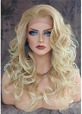WANGAIMA Vintage Blonde Long Loose Wave Wigs Heat Resistant Lace Front Synthetic Hair Hot Sale , blonde